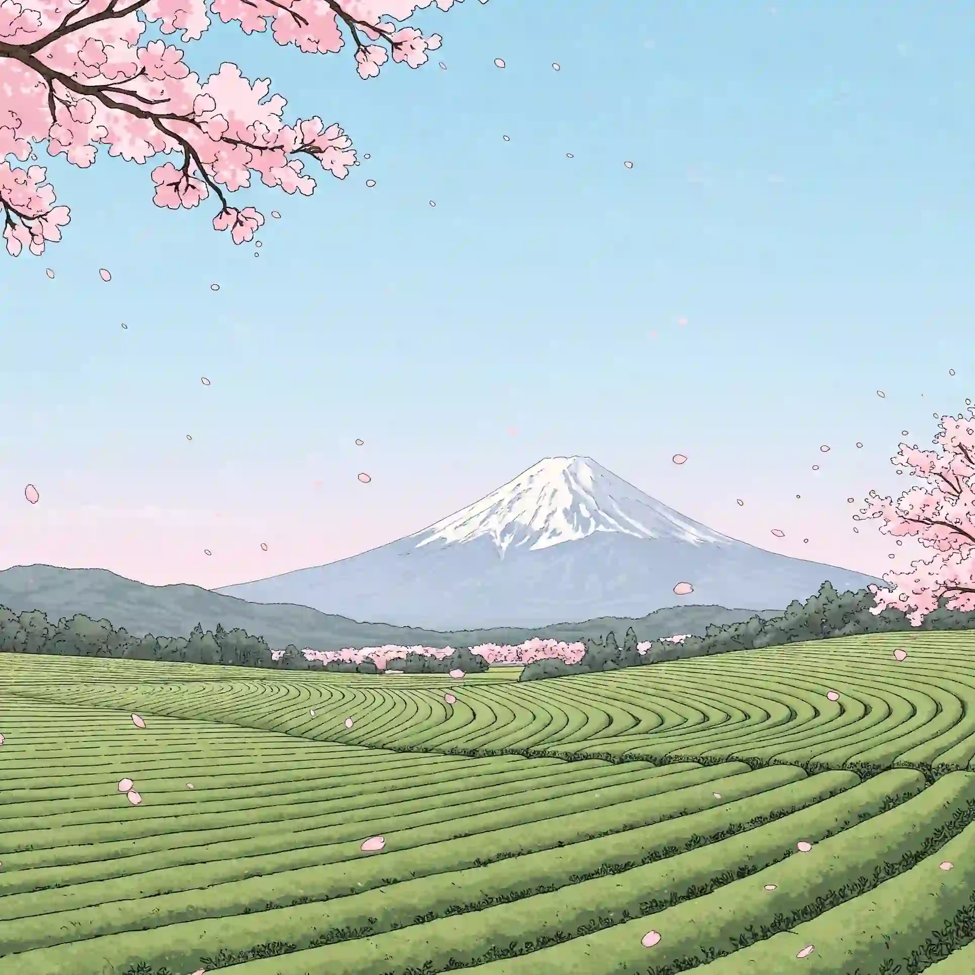 Green Tea Farm with Mount Fuji and Sakura